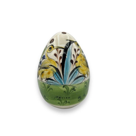 Mexican Pottery Handpainted & Glazed Egg Tonala Style Yellow Birds Cactus 6” Egg - Picture 2 of 9
